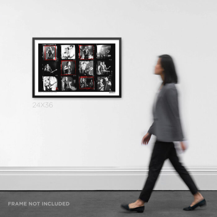 24x36 wide framed horror punk concert Graphic Design contact sheet print the original Misfits lineup live at Riot Fest 2016, shown on a gallery wall for scale.