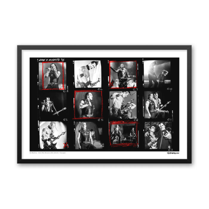 Close up view of a 24x36 wide framed music contact sheet poster print compiling a distinct series of performance frames of Glenn Danzig, Jerry Only, and Doyle. Photo By RobxWallace