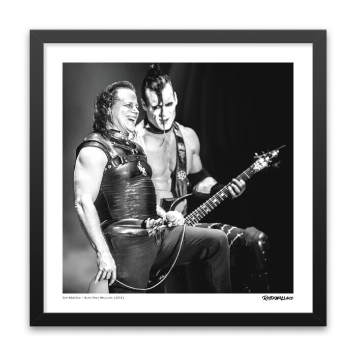 Close up view of a 20x20 square framed fine art music print a genuine glimpse behind the aggressive staging of the historic 2016 Misfits reunion run.