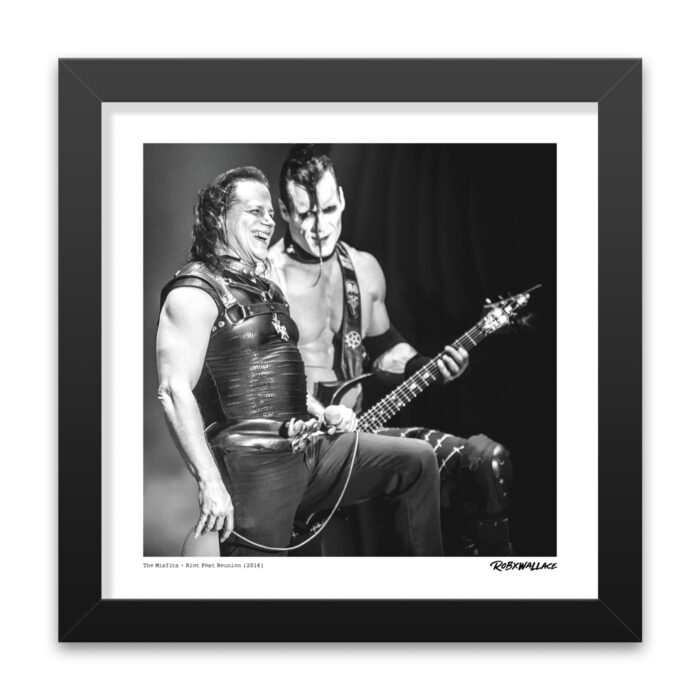 Close up view of a 12x12 square framed fine art Graphic Design print documenting the 2016 original Misfits reunion setlist tour in Denver, Colorado by RobxWallace.