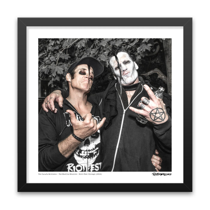Close up view of an 18x18 square framed punk poster print featuring a rare candid backstage portrait of brothers Jerry Only and Doyle Wolfgang von Frankenstein.