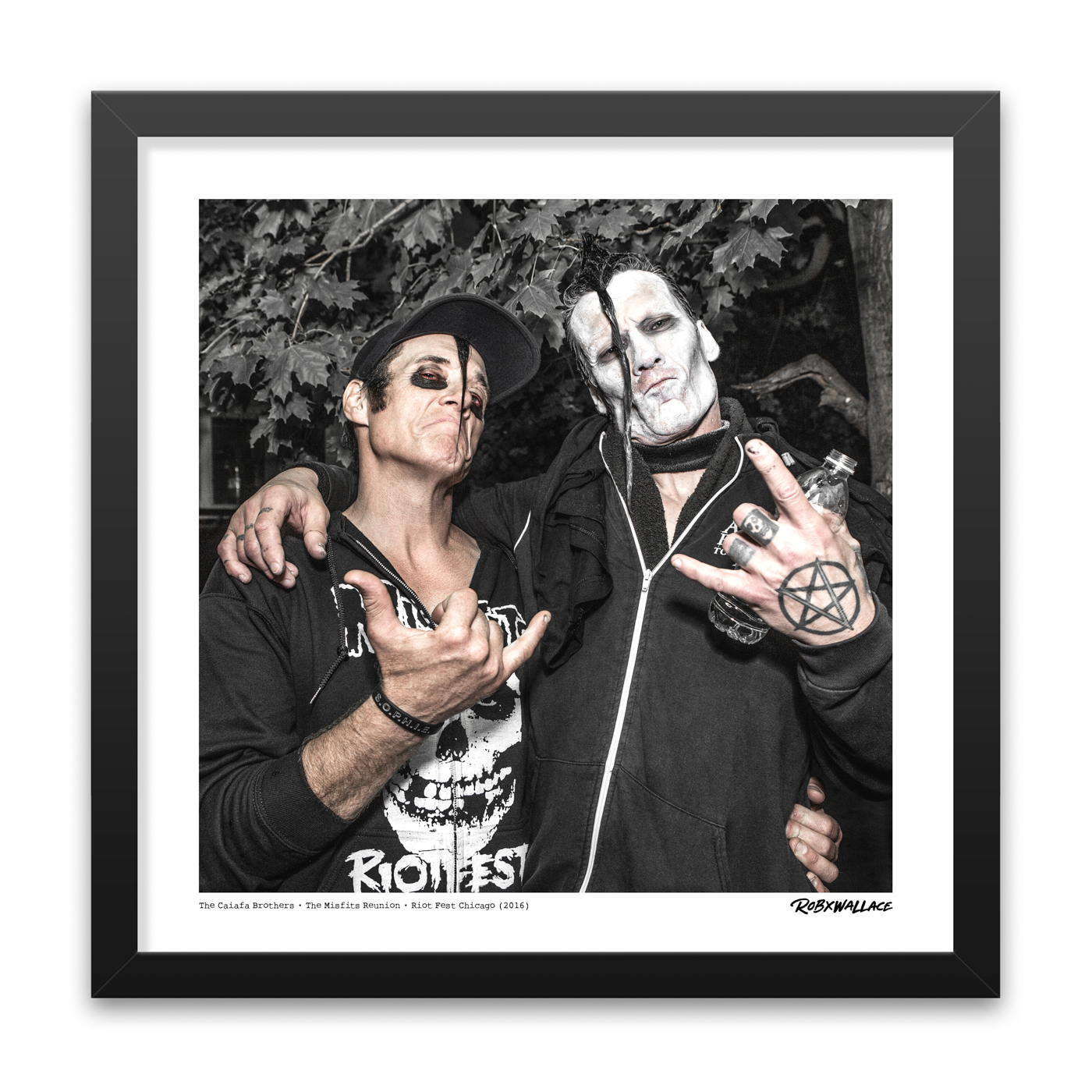 Close up view of an 18x18 square framed punk poster print featuring a rare candid backstage portrait of brothers Jerry Only and Doyle Wolfgang von Frankenstein.