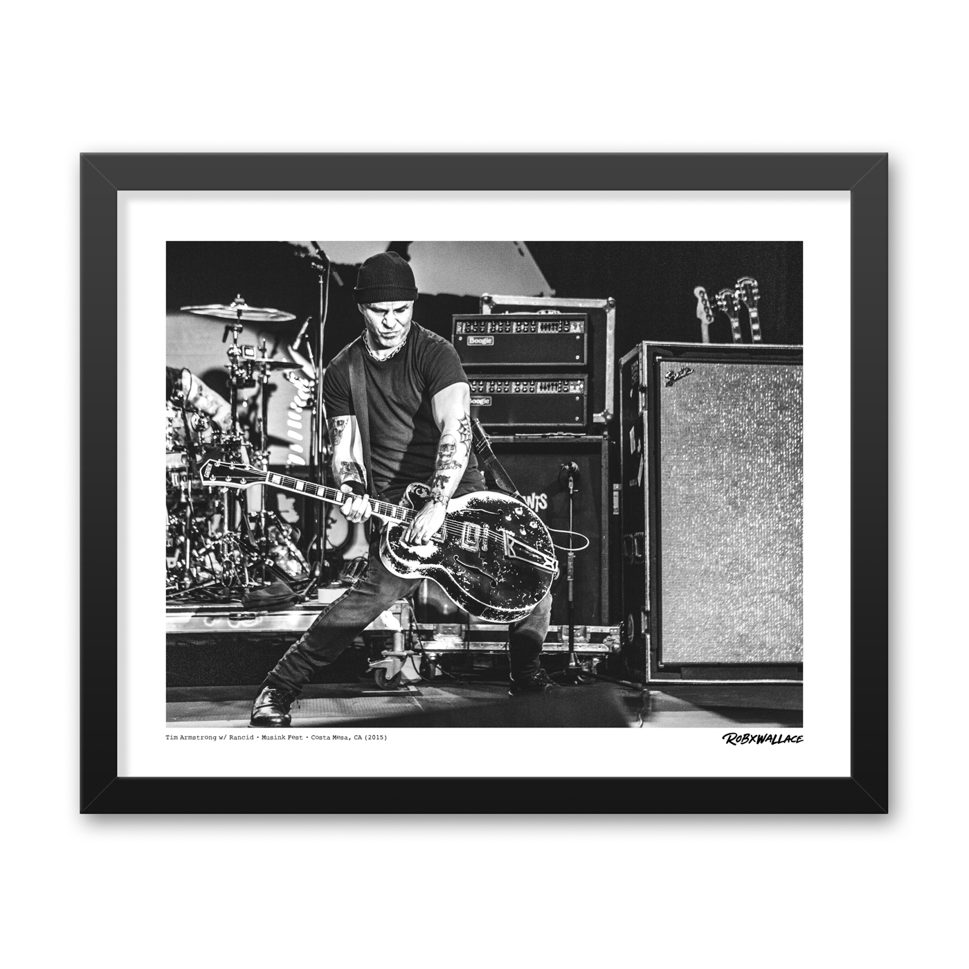 Detailed view of a 16x20 wide framed fine art music print tracking Tim Armstrong surrounded by a passionate crowd singing along at the Orange County Fairgrounds.