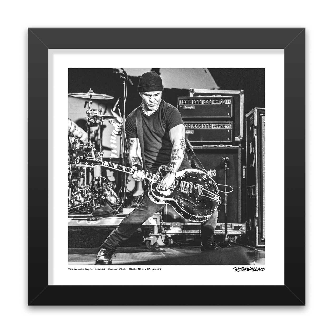 Close up of a 12x12 square framed fine art poster print the high-intensity stage lighting silhouette of Rancid's frontman in Costa Mesa, California.