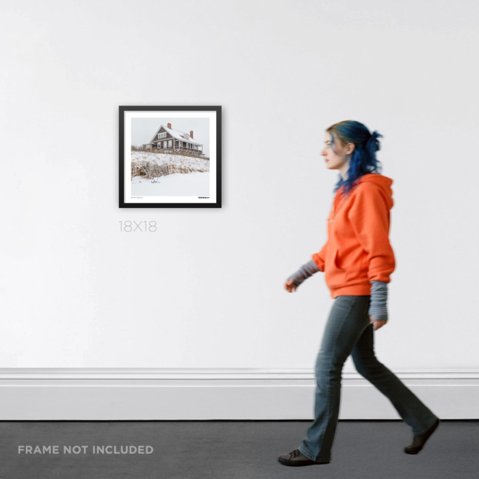 18X18 square framed Graphic Design print of the crumbling winter beach house from Eternal Sunshine of the Spotless Mind displayed as home decor.