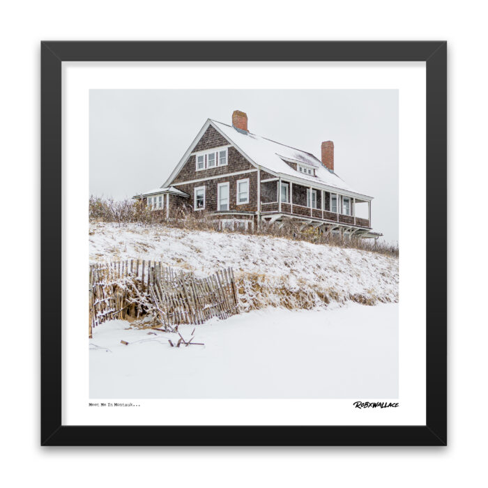 Close up view of an 18X18 square framed winter landscape photo print of the Montauk beach house by Rob Wallace for wall decor.