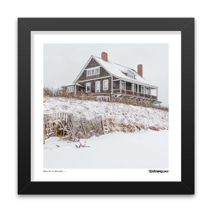 Close up of a 12X12 square framed winter fine art photo print the snowy beach house by Rob Wallace.