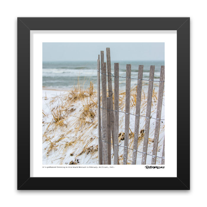 12x12 square premium luster photo paper poster of the snow covered winter dunes and wire fence in Montauk by Rob Wallace.