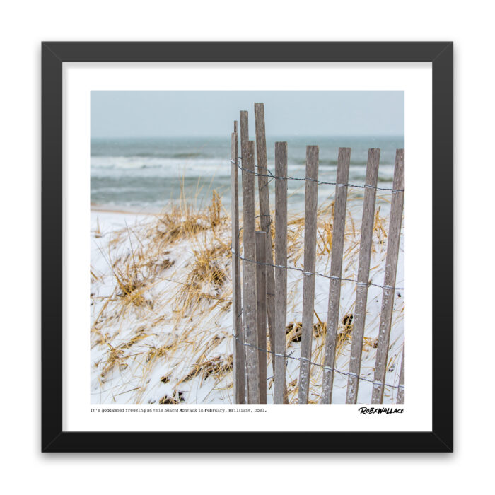 Close up view of an 18X18 square framed minimalist winter beach landscape photo print with a wire fence by Rob Wallace.