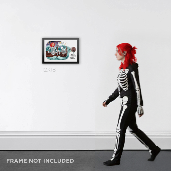 12X18 framed surreal illustration replica print of the Clementine skeleton drawing from Eternal Sunshine of the Spotless Mind hanging on an interior wall.
