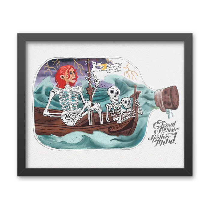 Close up view of a 16X20 framed surreal illustration movie prop replica print by Rob Wallace for home wall hanging decor.