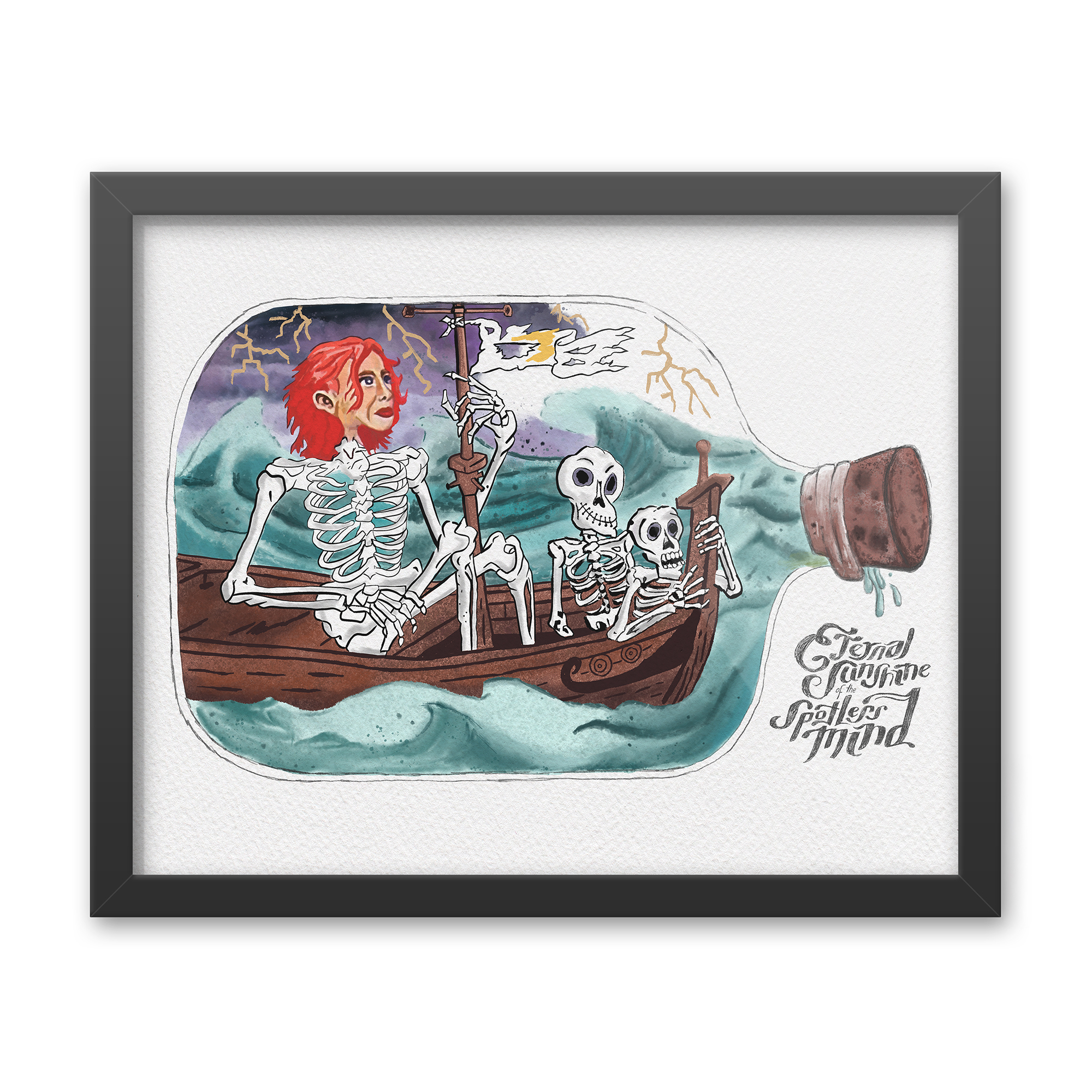 Close up view of a 16X20 framed surreal illustration movie prop replica print by Rob Wallace for home wall hanging decor.