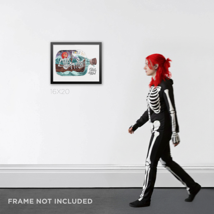 16X20 framed movie prop replica print of Joel's skeletal Clementine drawing from Eternal Sunshine of the Spotless Mind displayed as room decor.