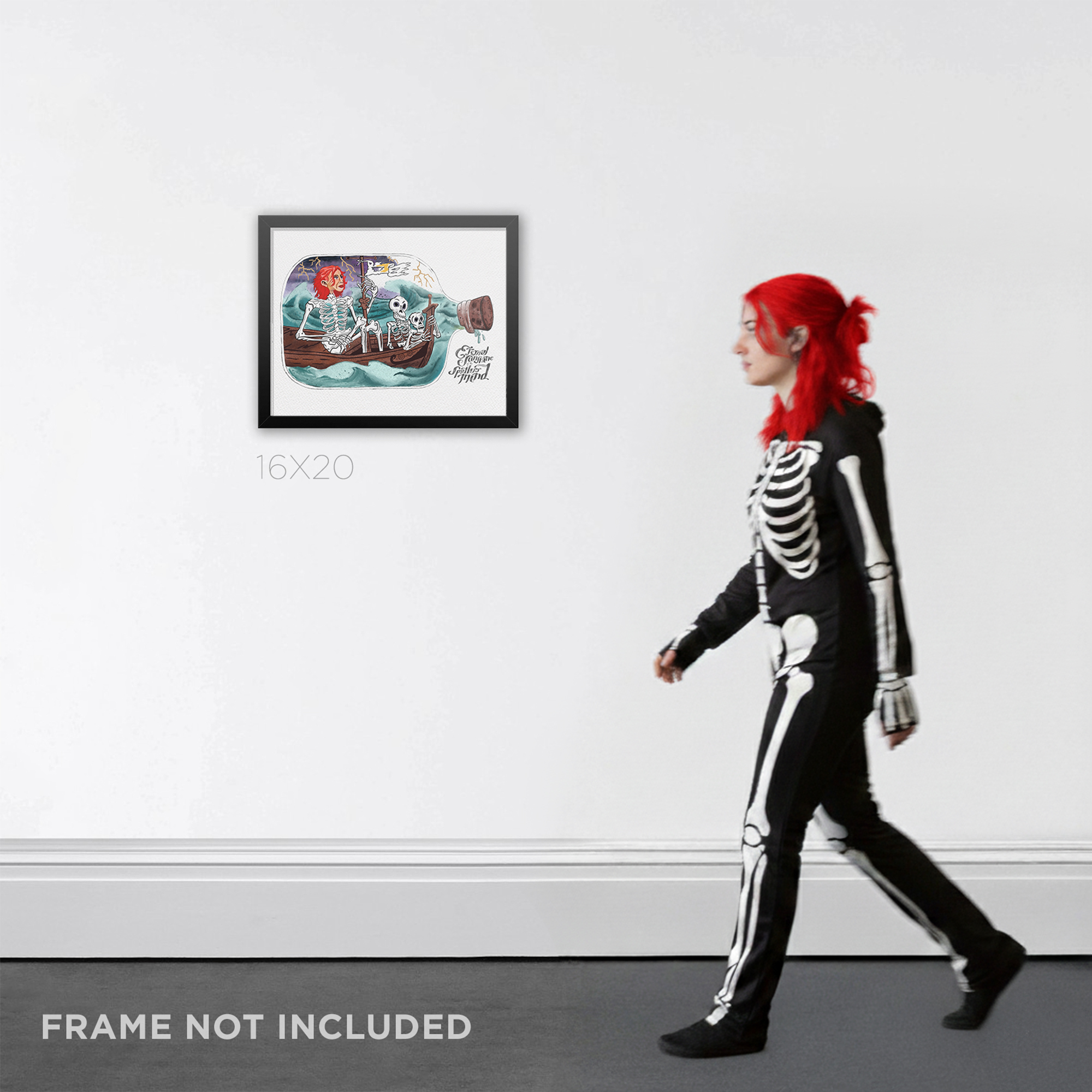 16X20 framed movie prop replica print of Joel's skeletal Clementine drawing from Eternal Sunshine of the Spotless Mind displayed as room decor.