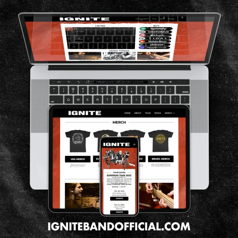 Behind the scenes and stage performance shot of Orange County hardcore band Ignite live in Europe