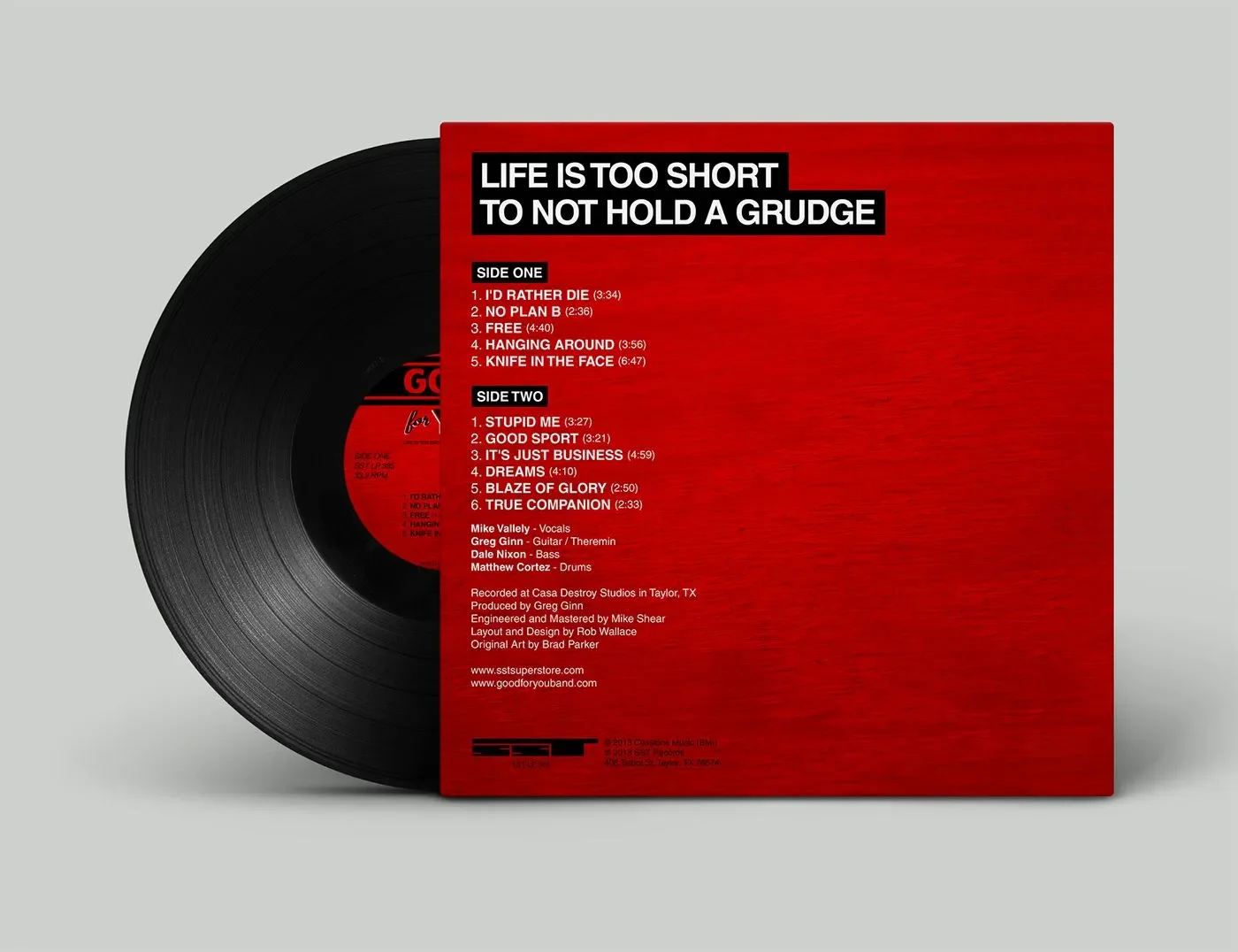 Vinyl record back cover jacket layout design by RobxWallace for the Good For You punk album with Mike Vallely.