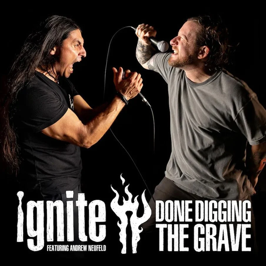 Official music video thumbnail graphic layout designed by RobxWallace for the Ignite song Done Digging the Grave, featuring a high-contrast split frame of Ignite vocalist Eli Santana and featured vocalist Andrew Neufeld of Comeback Kid.