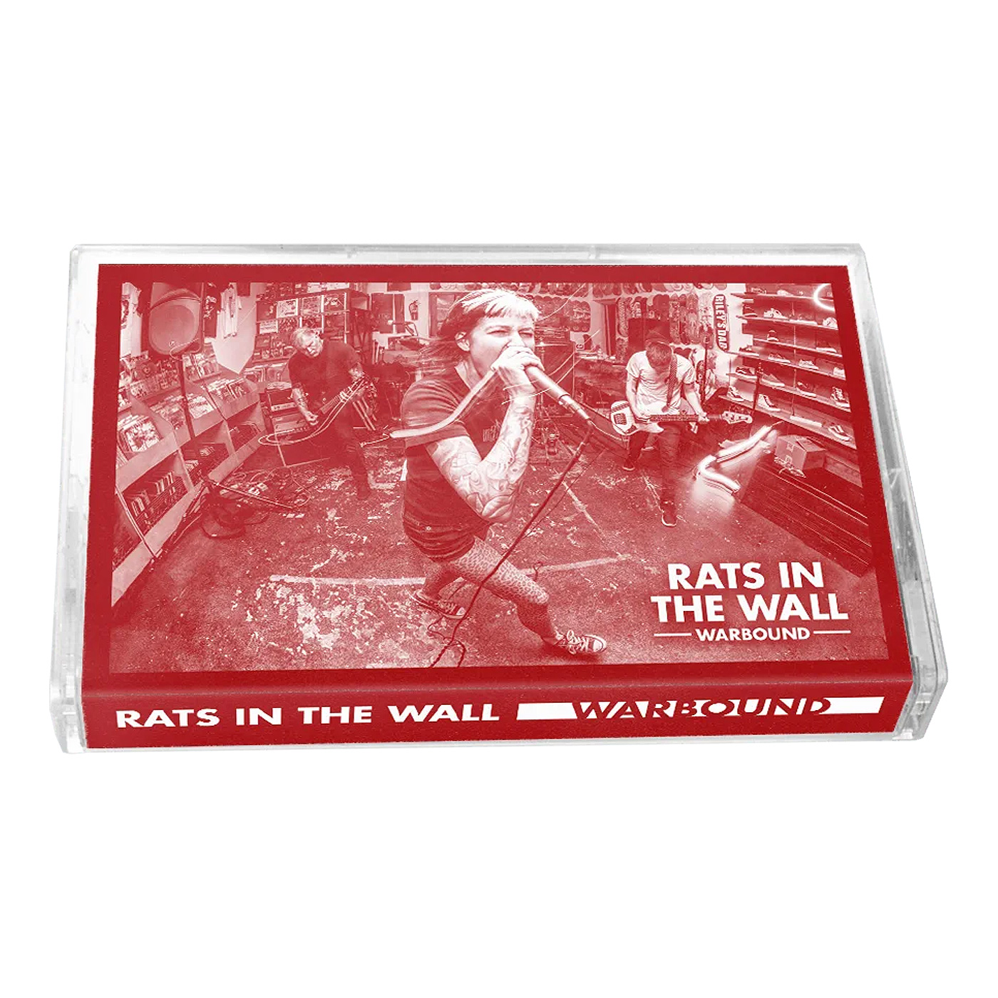 Cassette tape format music packaging layout designed by RobxWallace for the Rats In The Wall album Warbound on Indecision Records.