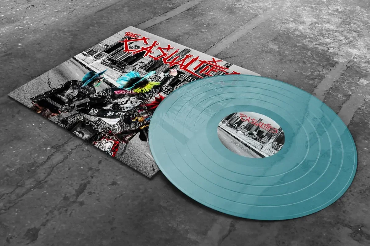 Colored vinyl record gatefold jacket layout packaging design by RobxWallace for The Casualties Chaos Sound album.