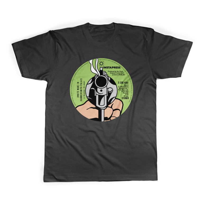 Black t shirt graphic design layout inspired by a classic vintage vinyl record center insert label for punk rock legends The Clash by RobxWallace.