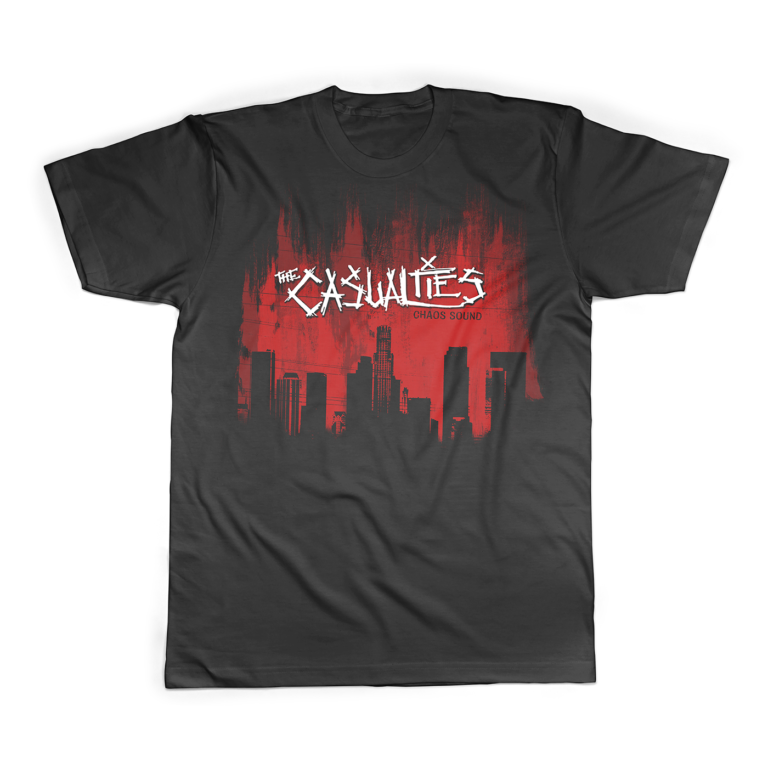 Black t shirt custom merchandise apparel design featuring a red graphic logo layout for street punk band The Casualties by Rob Wallace.
