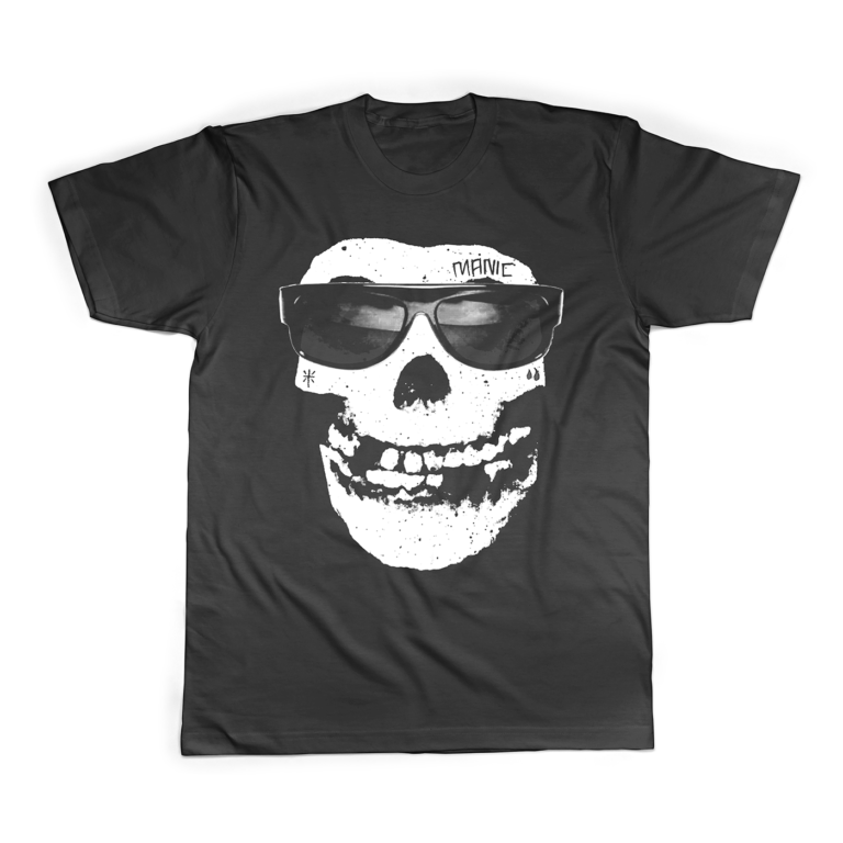 Black punk rock apparel t shirt design featuring a custom Cholo skull graphic illustration parody for the band Manic Hispanic.