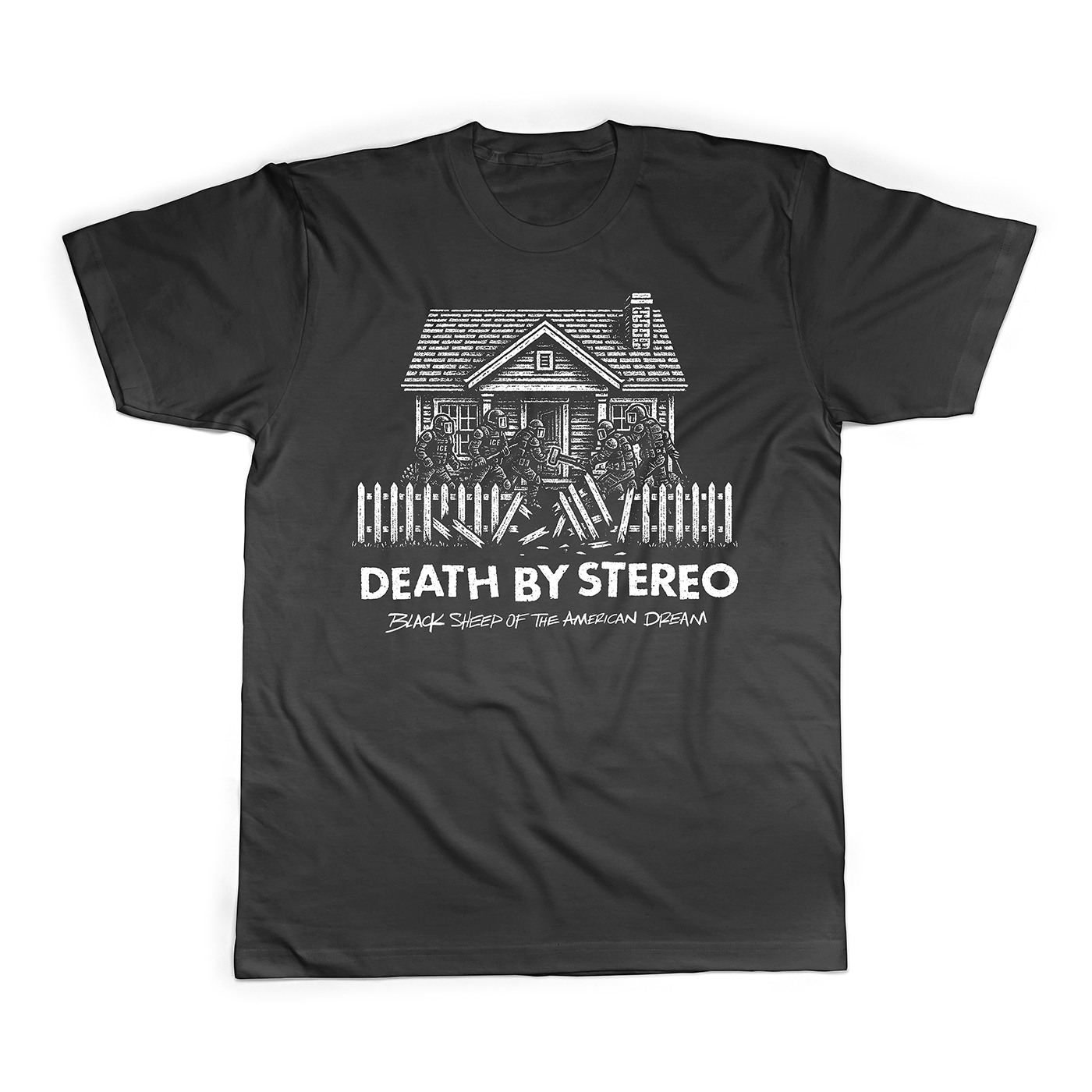 Black t shirt graphic apparel design mockup showcasing custom band merchandise for Death By Stereo Black Sheep of the American Dream.