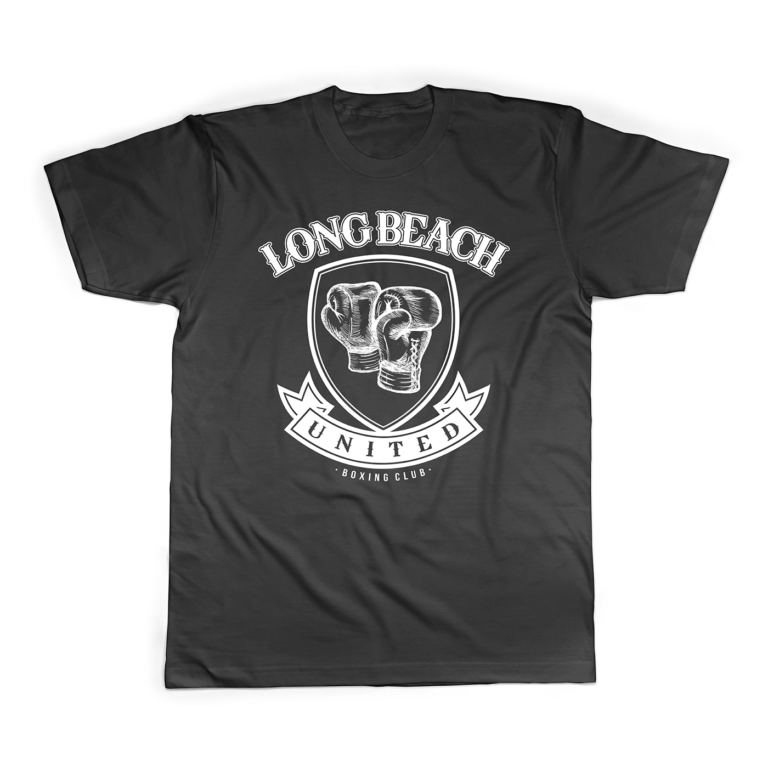 Custom black t shirt merchandise layout design for Long Beach United Boxing club graphic apparel portfolio.