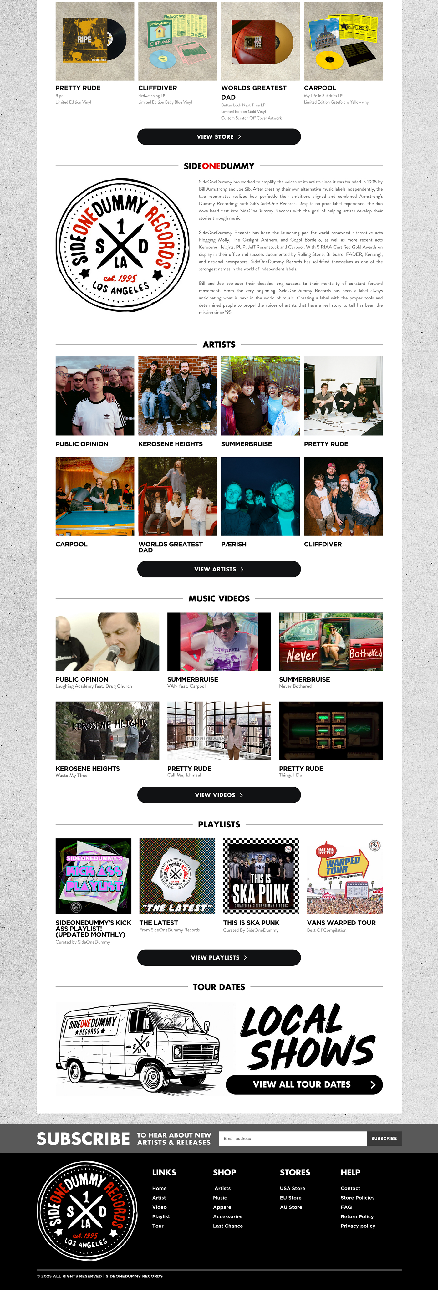 Custom footer interface design layout for the SideOneDummy Records official website portfolio asset.