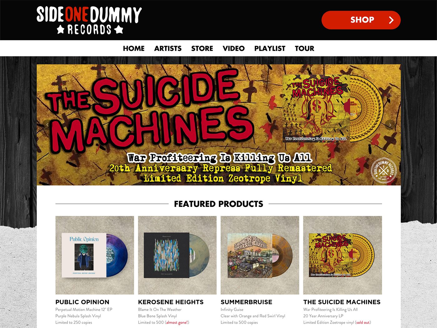 Front end web design layout mockup highlighting custom music e-commerce UI elements for SideOneDummy Records.