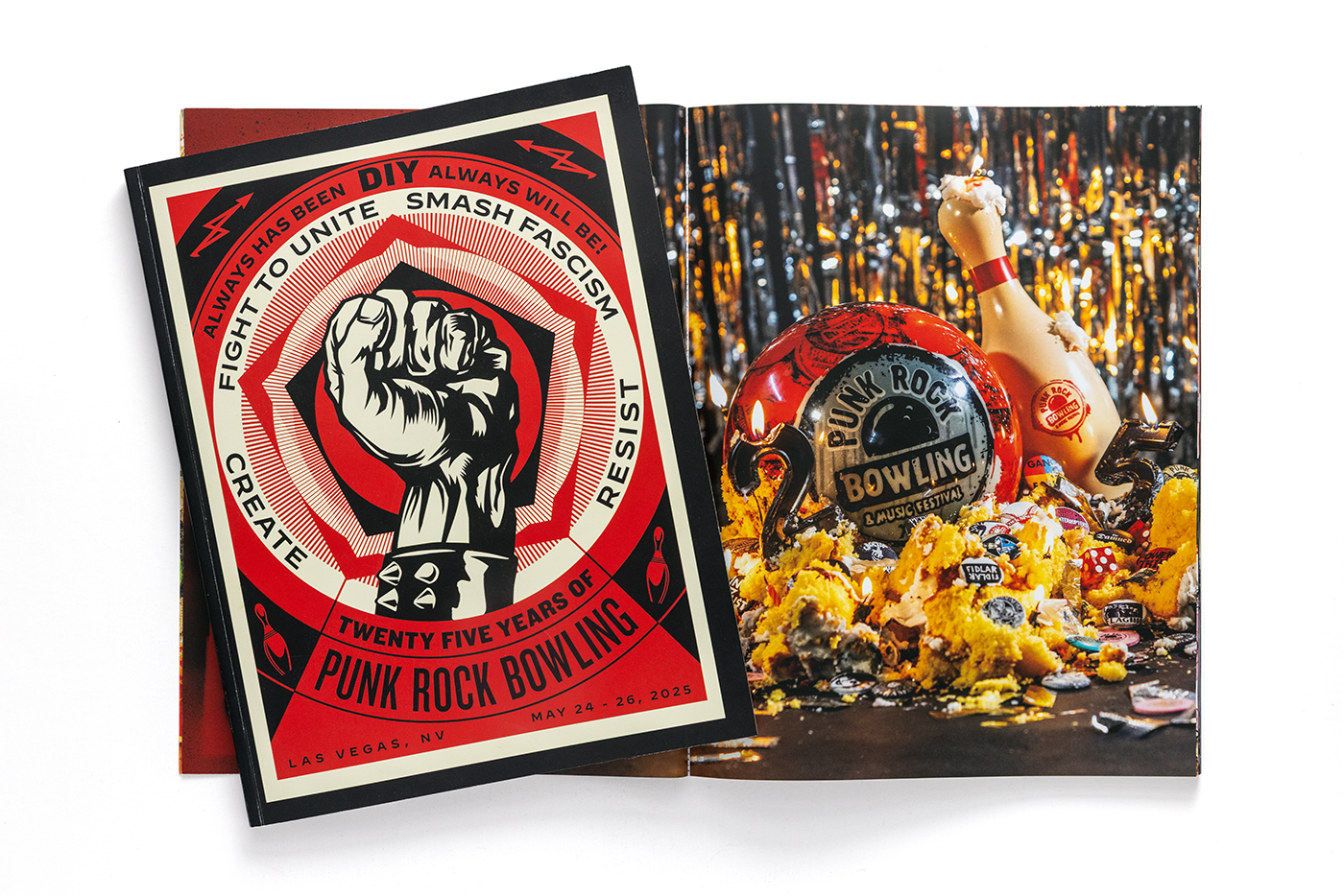 Open print design layout spread showcasing original live music festival Graphic Design alongside the custom Shepard Fairey cover art for the book.