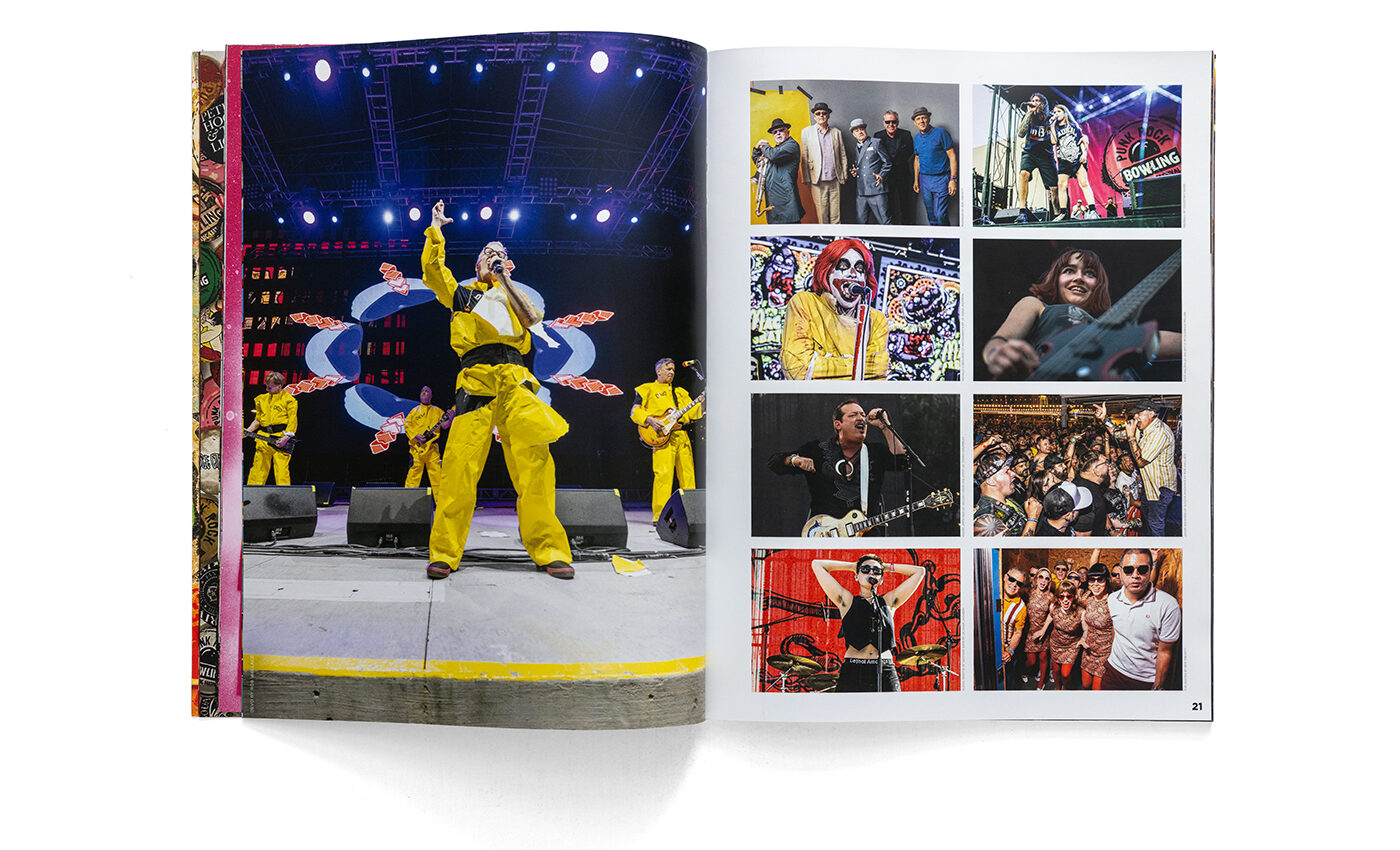 Graphic design book spread featuring original live music Graphic Design of DEVO on stage, designed with custom typography and color blocking layout.