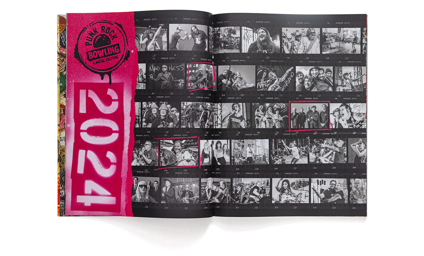 Editorial publication layout design spread showcasing a custom timeline grid of original punk rock festival concert Graphic Design shot by the designer.