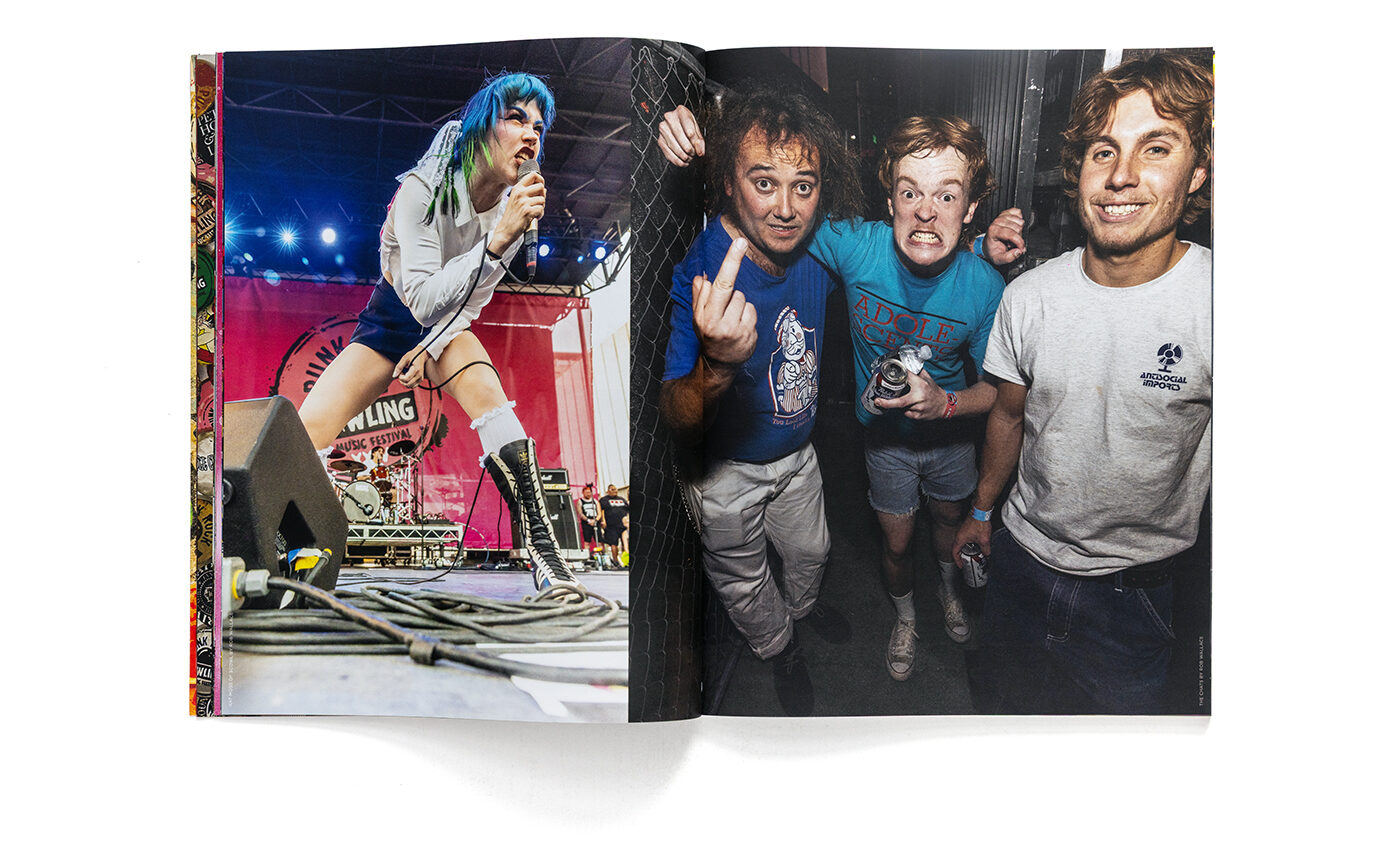 Custom publication design portfolio layout spread featuring original live punk rock Graphic Design of the bands Scowl and The Chats.