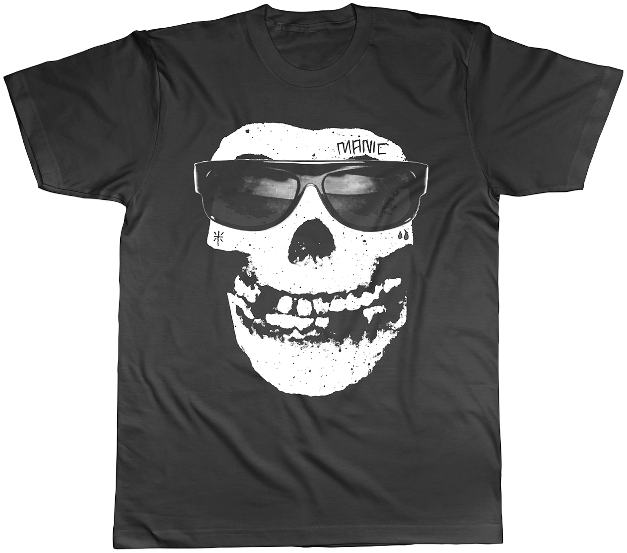 Black t shirt featuring a stylized skull graphic illustration for Chicano punk rock band Manic Hispanic and the Misfits.