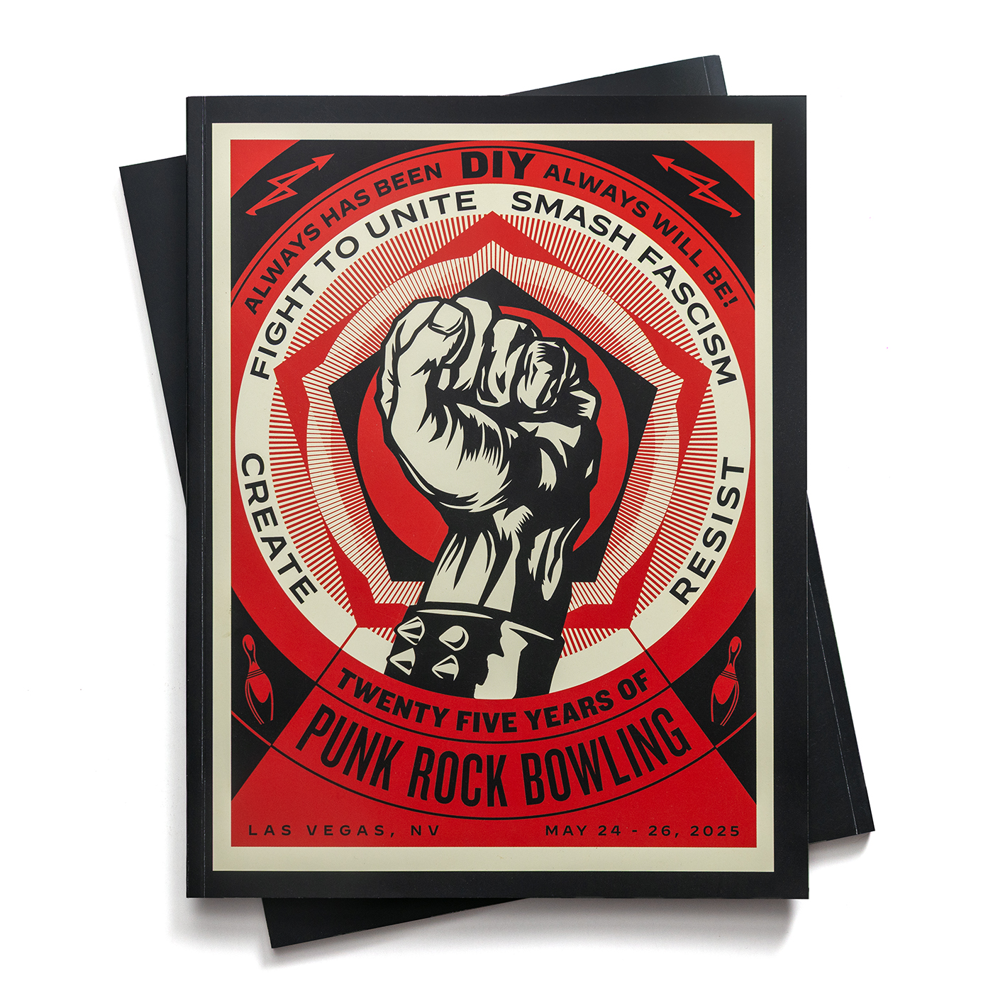 Printed book design and music Graphic Design portfolio mockup of the Punk Rock Bowling festival book, featuring original live concert photos and a Shepard Fairey cover.