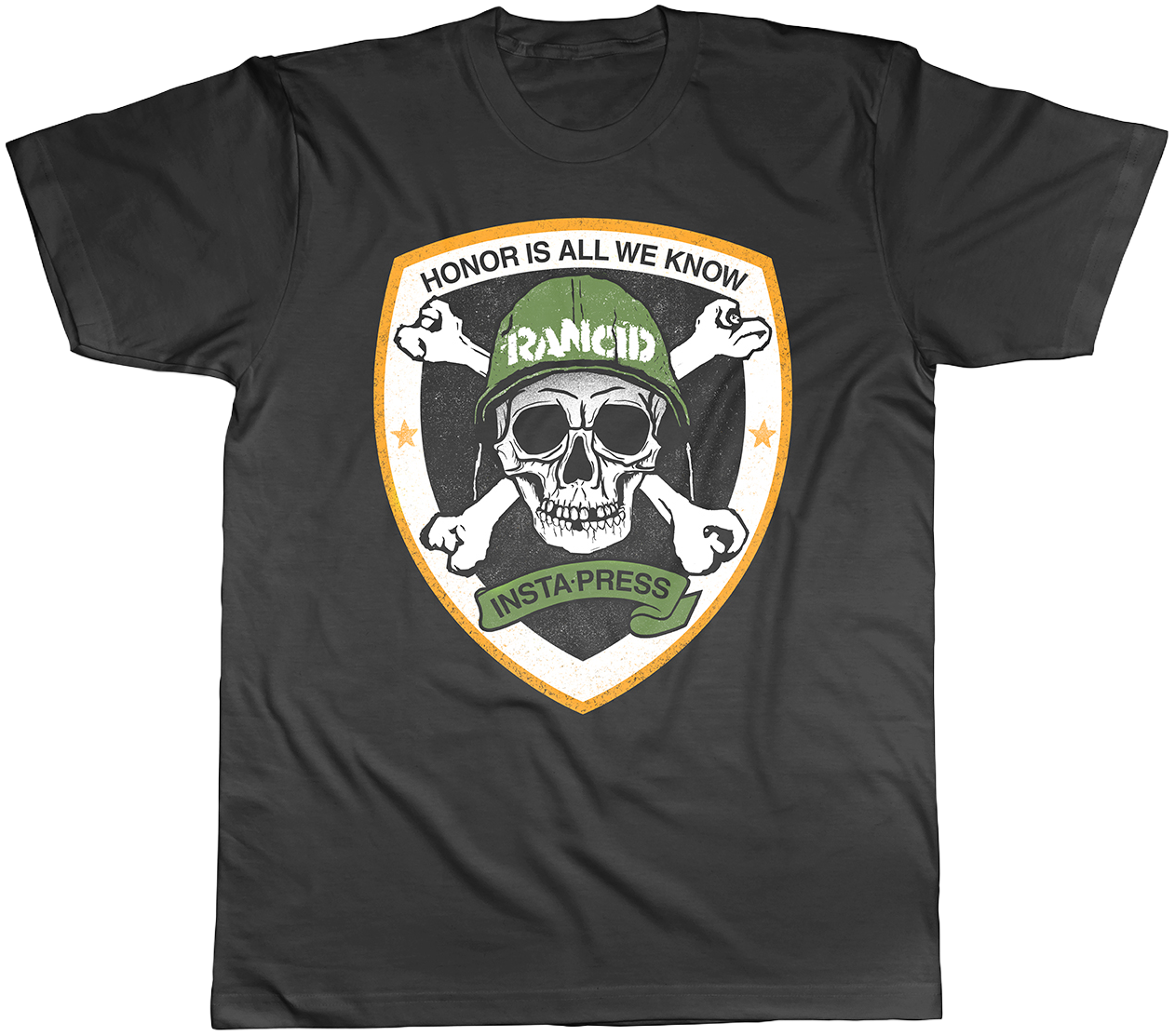 Black t shirt featuring a shield emblem graphic design illustration for punk rock band Rancid band merchandise apparel.