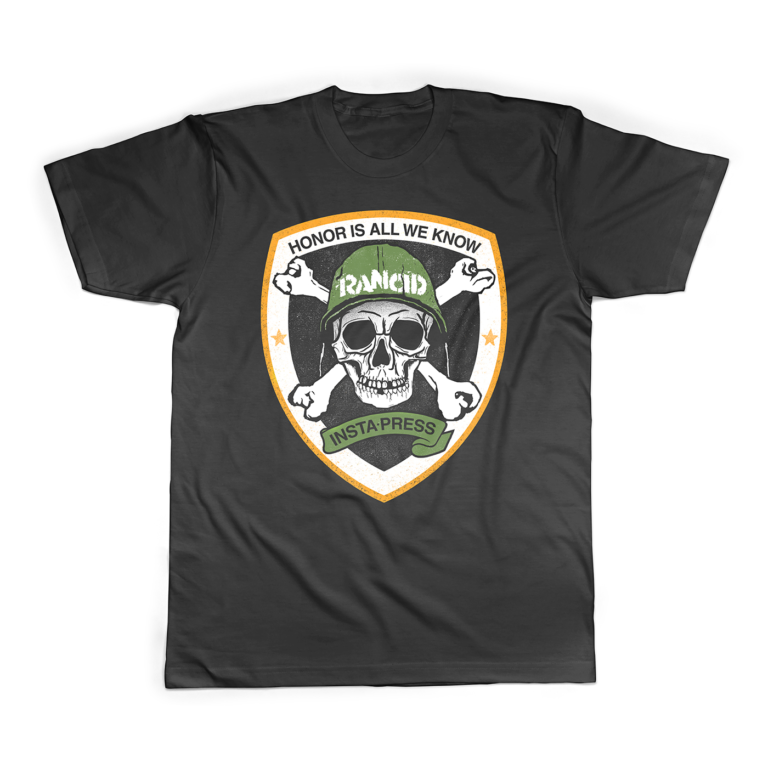 Black t shirt design layout featuring a custom crest shield graphic for punk rock band Rancid merchandise.