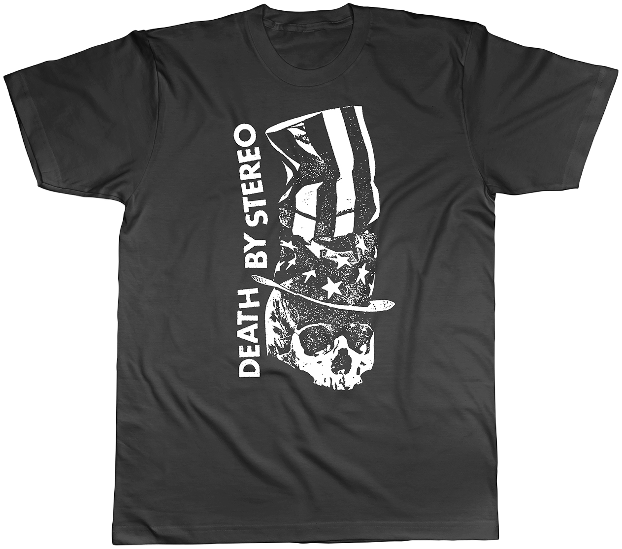 Black t shirt featuring a vertical graphic design illustration for Death By Stereo Black Sheep of the American Dream album merch.