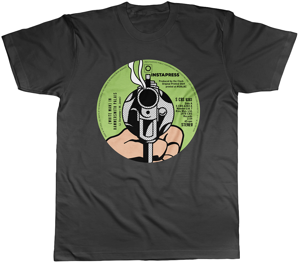 Black t shirt design featuring a green circular graphic logo illustration for Instapress and The Class punk rock merch.